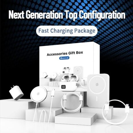 6-in-1 Charging Kit: Fast Charge. Magnetic Power Bank. Wireless Charger. Type-C to Lightning Cable. Adapter & Audio Support. Compact & Portable.